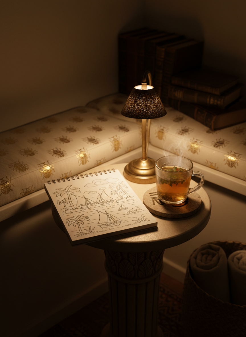 A narrow, cinematic photographic scene of a cozy corner nook designed like a mini Egyptian study. A cushioned bench upholstered in fabric patterned with tiny golden scarabs lines the wall. In front, a small round table shaped like a papyrus column top holds a sketchbook-style coloring pad open to a detailed illustration of the Nile with palm trees and boat sails. Next to it, a clear glass mug of steaming herbal tea sits on a sandstone coaster engraved with an Eye of Horus motif. A small, vintage-style brass lamp with a papyrus-shaped shade casts warm, focused light onto the table, leaving the rest of the corner in soft shadow. The mood is intimate, playful, and slightly mysterious, captured at a slight diagonal angle with gentle bokeh in the background and realistic, cozy photographic style.