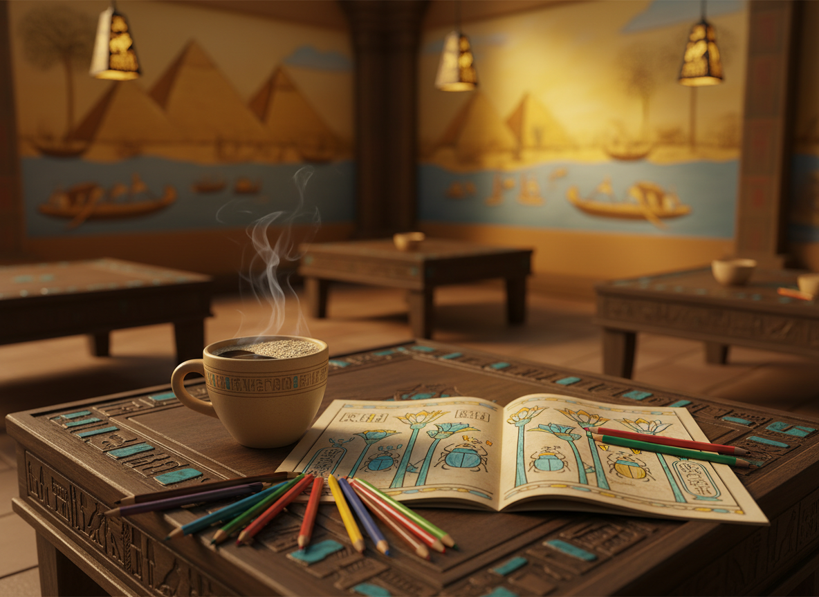 A wide photographic view of a cozy interior inspired by Ancient Egypt, where low wooden tables are carved with hieroglyphic patterns and inlaid with turquoise stones. On the nearest table, a pristine sand-colored ceramic cup brimming with frothy coffee sits beside an open, partially colored papyrus-style coloring book featuring stylized lotus flowers and scarabs. Neatly arranged colored pencils with worn tips radiate outward. The walls in the background are painted with mural-like golden motifs of pyramids and the Nile, softly out of focus. Warm pendant lights shaped like small obelisks cast a golden, sunset-like glow, creating gentle shadows and a playful, inviting atmosphere. Shot at eye level with a shallow depth of field, in vibrant photographic realism.