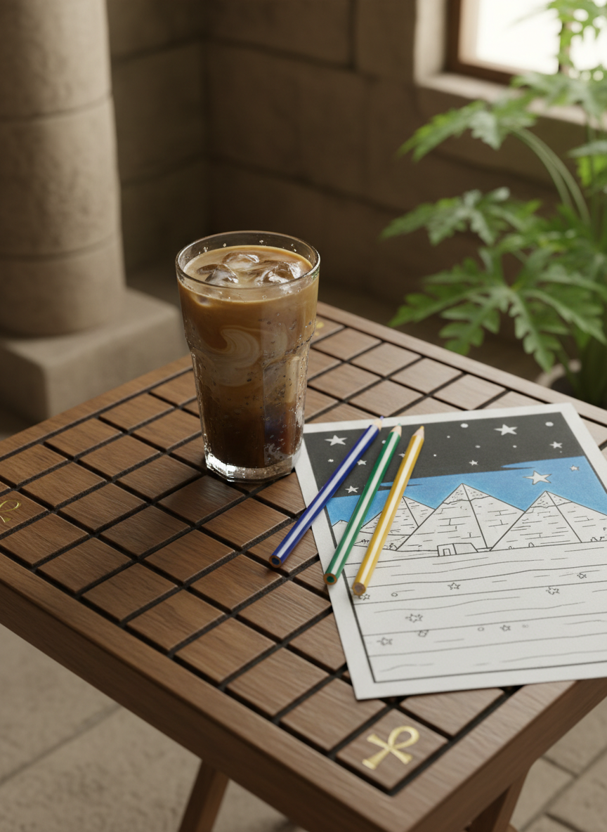 An overhead photographic view of a square wooden table styled like an Ancient Egyptian game board, with engraved grid lines and tiny painted ankhs at the corners. On the table sits a tall, slender glass of iced coffee swirling with creamy patterns, beads of condensation glistening on the surface. Next to it, a neatly arranged set of high-quality colored pencils in jewel tones—lapis blue, emerald green, and gold—frames a half-finished coloring page of stylized pyramids under a starry sky. The surrounding environment hints at stone columns and papyrus plants, softly blurred. Soft, diffused afternoon light from a nearby window creates even illumination, minimal shadows, and a relaxed, creative atmosphere. The composition is balanced using the rule of thirds, with crisp clarity and natural photographic realism.