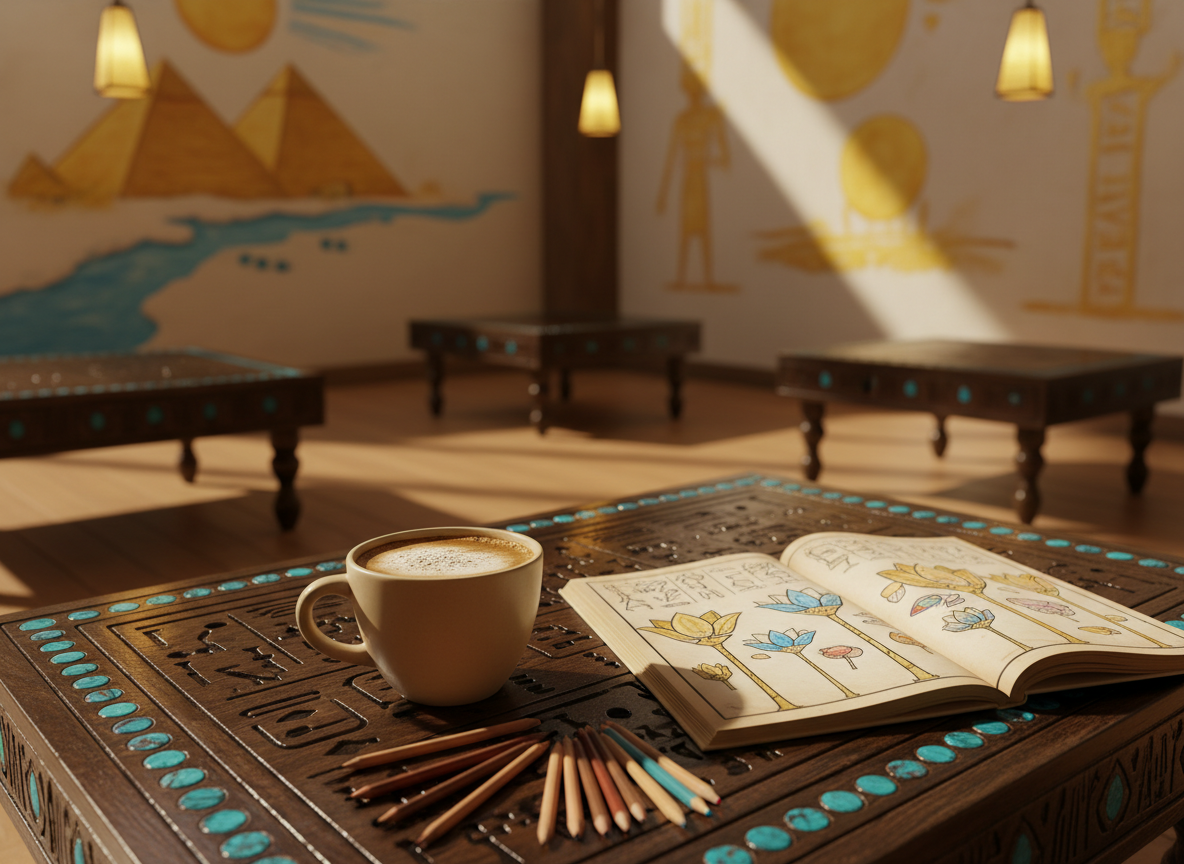 A wide photographic view of a cozy interior inspired by Ancient Egypt, where low wooden tables are carved with hieroglyphic patterns and inlaid with turquoise stones. On the nearest table, a pristine sand-colored ceramic cup brimming with frothy coffee sits beside an open, partially colored papyrus-style coloring book featuring stylized lotus flowers and scarabs. Neatly arranged colored pencils with worn tips radiate outward. The walls in the background are painted with mural-like golden motifs of pyramids and the Nile, softly out of focus. Warm pendant lights shaped like small obelisks cast a golden, sunset-like glow, creating gentle shadows and a playful, inviting atmosphere. Shot at eye level with a shallow depth of field, in vibrant photographic realism.