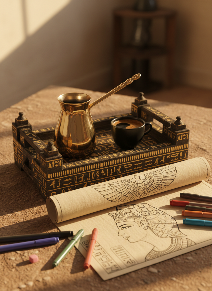 A close-up, photographic shot of an intricately designed coffee tray resembling a miniature Egyptian temple altar, carved from dark wood with gold-painted hieroglyphs. On the tray rests a gleaming brass cezve, a small matte-black ceramic cup of rich coffee, and a rolled papyrus-style coloring sheet loosely unfurled to show an outline of Cleopatra’s ornate crown. A handful of colored markers and soft pastel sticks spill over the tray’s edge onto a sandstone-textured tabletop. Golden hour light pours in from the side, creating luminous highlights on the brass and subtle shadows across the paper, evoking a mystical yet playful mood. Captured from a slightly elevated angle with strong detail and soft background blur, in realistic, richly colored photographic style.