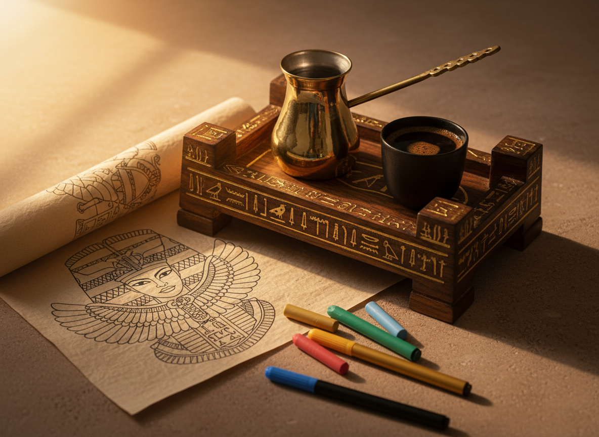 A close-up, photographic shot of an intricately designed coffee tray resembling a miniature Egyptian temple altar, carved from dark wood with gold-painted hieroglyphs. On the tray rests a gleaming brass cezve, a small matte-black ceramic cup of rich coffee, and a rolled papyrus-style coloring sheet loosely unfurled to show an outline of Cleopatra’s ornate crown. A handful of colored markers and soft pastel sticks spill over the tray’s edge onto a sandstone-textured tabletop. Golden hour light pours in from the side, creating luminous highlights on the brass and subtle shadows across the paper, evoking a mystical yet playful mood. Captured from a slightly elevated angle with strong detail and soft background blur, in realistic, richly colored photographic style.
