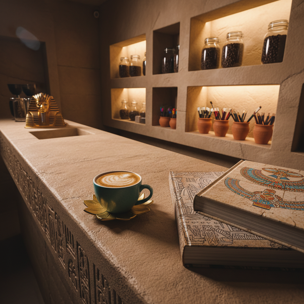 A dramatic, low-angle photographic shot of a long counter that looks like it was carved from a single block of polished sandstone, its surface etched with subtle cartouches. In the foreground, a richly textured latte in a matte turquoise cup rests on a small golden saucer shaped like a lotus. Beside it, a stack of thick, premium coloring books with Ancient Egyptian cover art—pharaoh masks, sphinxes, and ornate necklaces—lies open, showing detailed line art ready to be colored. Behind the counter, backlit shelves built into faux stone niches display glass jars of coffee beans and neatly organized coloring tools in clay pots. Warm, directional spotlights from above create high contrast, dramatic shadows and highlights, producing a slightly theatrical yet welcoming mood. The image is shot in photographic realism with deep depth of field to show the full space.