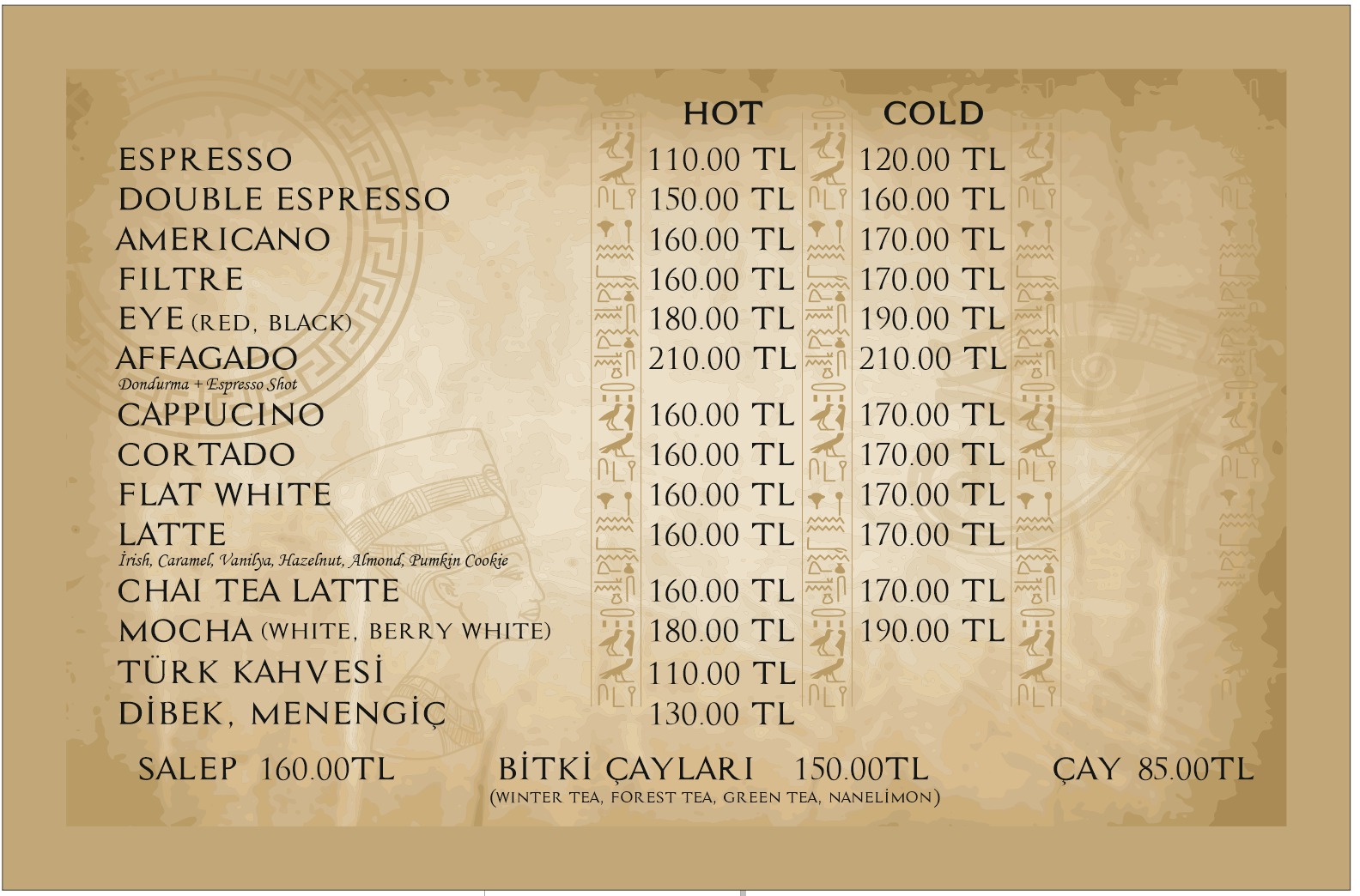 Kafe menüsünün sıcak ve soğuk kahve çeşitlerini gösteren, antik Mısır temalı tasarıma sahip görsel menü.